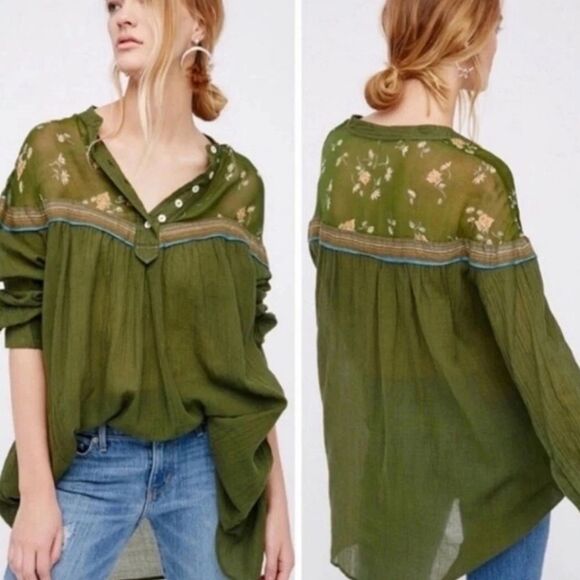 Free People Hearts & Colors Tunic Top Size Large Moss Green Gypsy Bohemian Boho - Picture 1 of 12